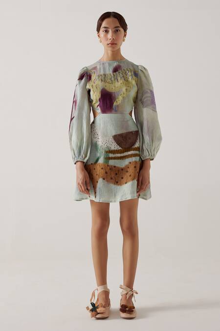 Cord_Multi Color Linen Round Neck Mirage Print Backless Dress_Online_at_Aza_Fashions