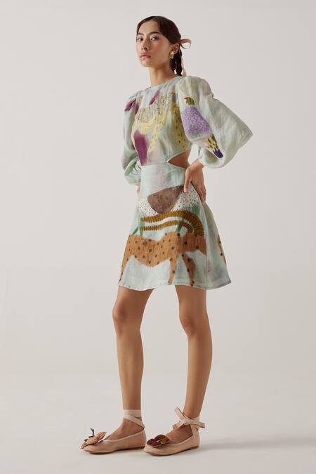 Buy_Cord_Multi Color Linen Round Neck Mirage Print Backless Dress_Online_at_Aza_Fashions