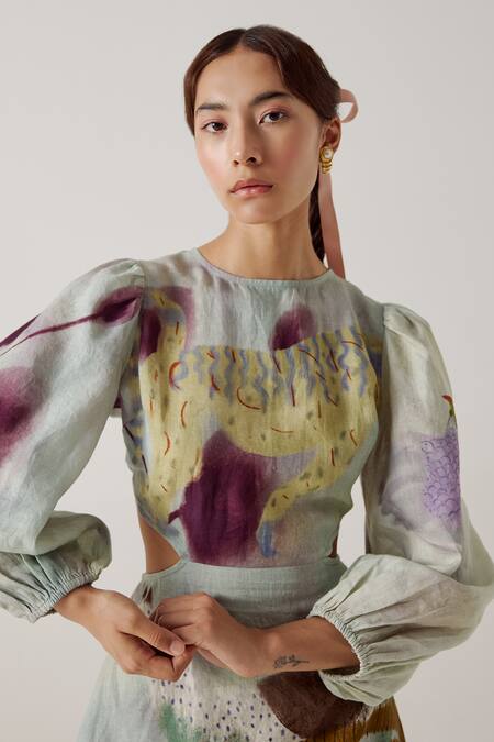 Shop_Cord_Multi Color Linen Round Neck Mirage Print Backless Dress_Online_at_Aza_Fashions