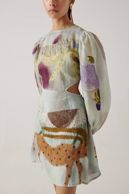 Cord_Multi Color Linen Round Neck Mirage Print Backless Dress_at_Aza_Fashions