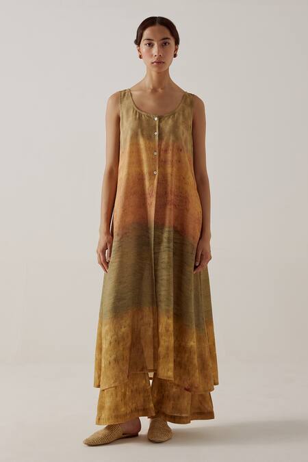 Cord_Multi Color Linen Round Neck Impression Print Tunic With Pant_Online_at_Aza_Fashions