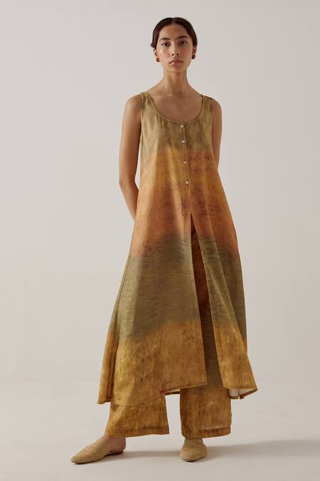 Shop_Cord_Multi Color Linen Round Neck Impression Print Tunic With Pant_Online_at_Aza_Fashions