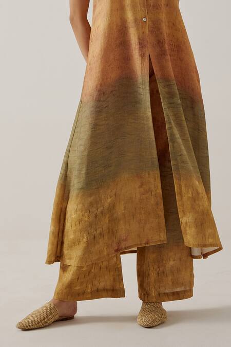 Cord_Multi Color Linen Round Neck Impression Print Tunic With Pant_at_Aza_Fashions