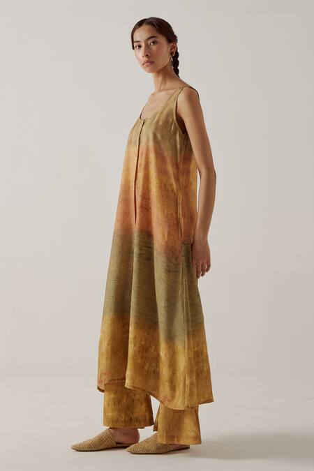 Buy_Cord_Multi Color Linen Round Neck Impression Print Tunic With Pant