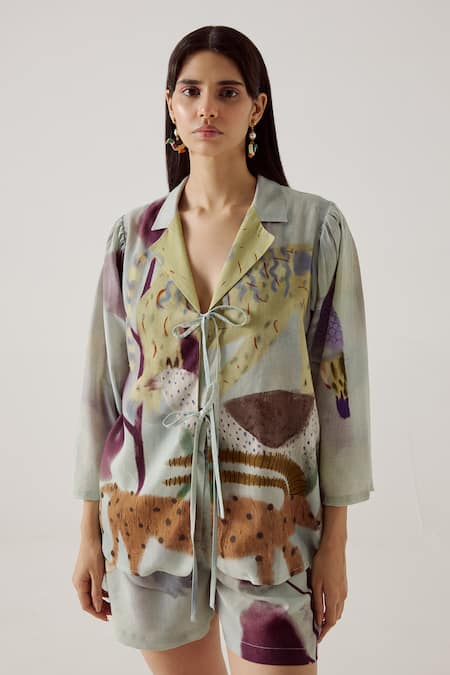 Cord Mirage Print Tie-Up Shirt 