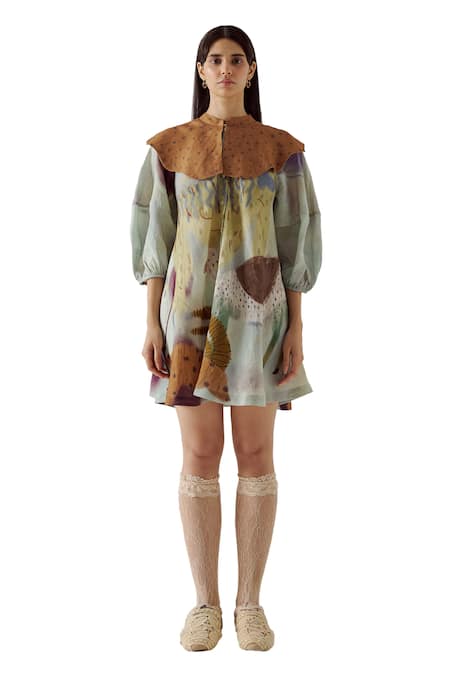 Cord_Blue Linen Bandeau Neck Mirage Print Umbrella Dress_Online_at_Aza_Fashions