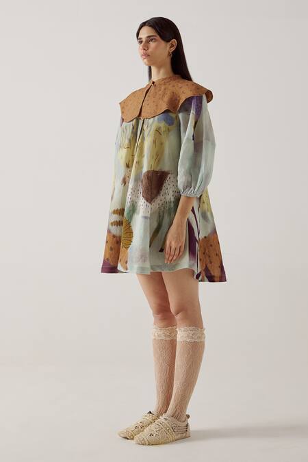 Buy_Cord_Blue Linen Bandeau Neck Mirage Print Umbrella Dress_Online_at_Aza_Fashions