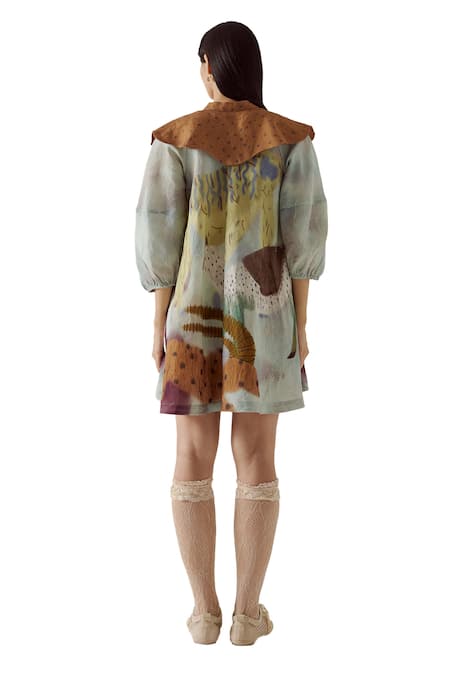 Shop_Cord_Blue Linen Bandeau Neck Mirage Print Umbrella Dress_Online_at_Aza_Fashions