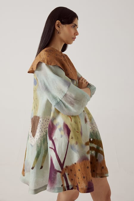 Cord_Blue Linen Bandeau Neck Mirage Print Umbrella Dress_at_Aza_Fashions