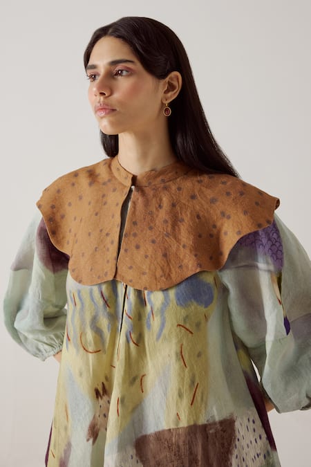 Buy_Cord_Blue Linen Bandeau Neck Mirage Print Umbrella Dress