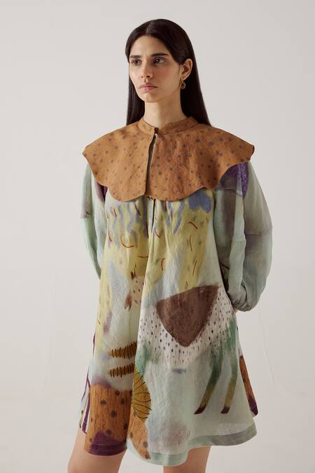 Shop_Cord_Blue Linen Bandeau Neck Mirage Print Umbrella Dress