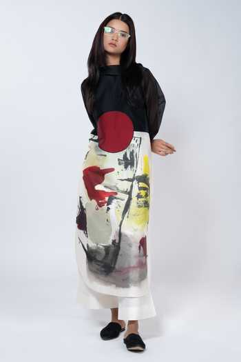 Taika By Poonam Bhagat_Ivory Chanderi Collared Brushstroke Pattern Tunic With Pant _Online_at_Aza_Fashions