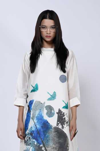 Taika By Poonam Bhagat_Ivory Chanderi Bandeau Neck Watercolour Abstract Pattern Tunic _at_Aza_Fashions