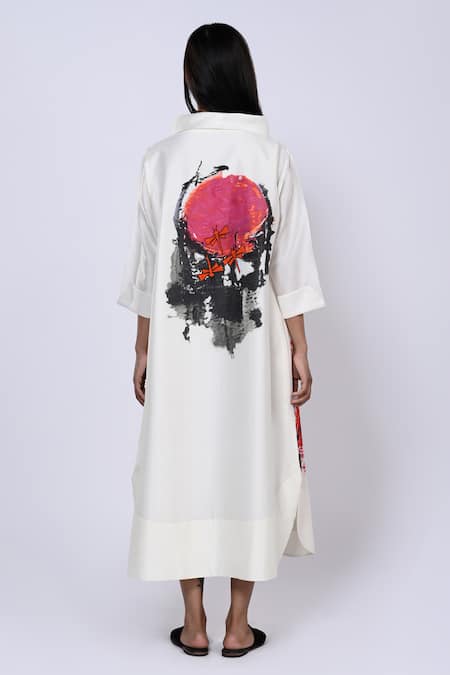 Shop Taika By Poonam Bhagat Ivory Chanderi Abstract Band Collar Watercolour Pattern Tunic at Aza Fashions Shop_Taika By Poonam Bhagat_Ivory Chanderi Abstract Band Collar Watercolour Pattern Tunic _at_Aza_Fashions