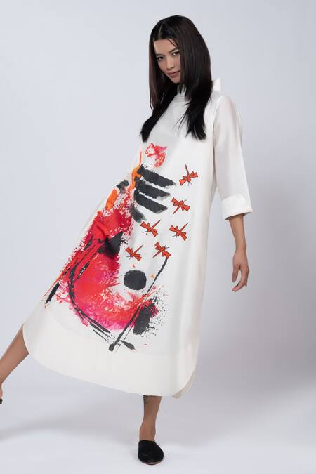 Shop Taika By Poonam Bhagat Ivory Chanderi Abstract Band Collar Watercolour Pattern Tunic Online at Aza Fashions Shop_Taika By Poonam Bhagat_Ivory Chanderi Abstract Band Collar Watercolour Pattern Tunic _Online_at_Aza_Fashions