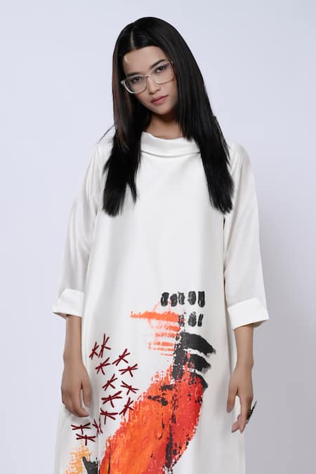 Taika By Poonam Bhagat_Ivory Chanderi Abstract Band Collar Watercolour Pattern Tunic _Online_at_Aza_Fashions