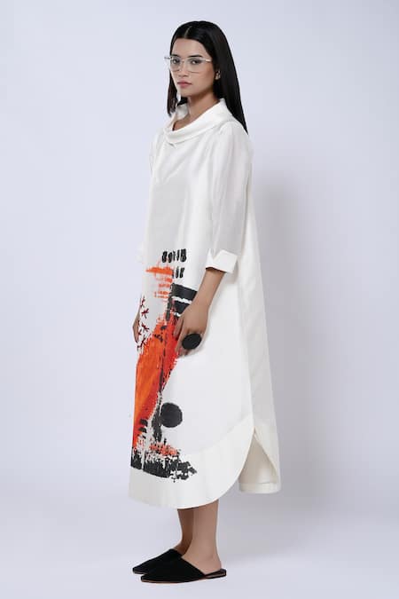 Buy_Taika By Poonam Bhagat_Ivory Chanderi Abstract Band Collar Watercolour Pattern Tunic _Online_at_Aza_Fashions