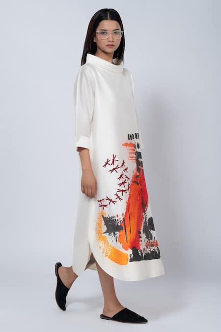 Shop_Taika By Poonam Bhagat_Ivory Chanderi Abstract Band Collar Watercolour Pattern Tunic _Online_at_Aza_Fashions