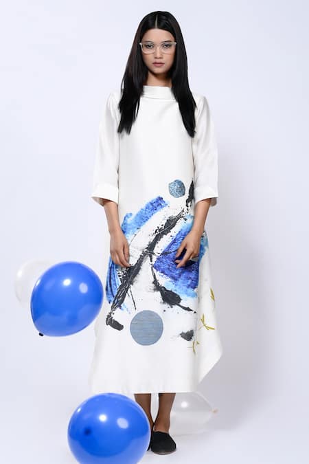 Taika By Poonam Bhagat_Ivory Chanderi Splatter Band Collar Pattern Tunic _Online_at_Aza_Fashions