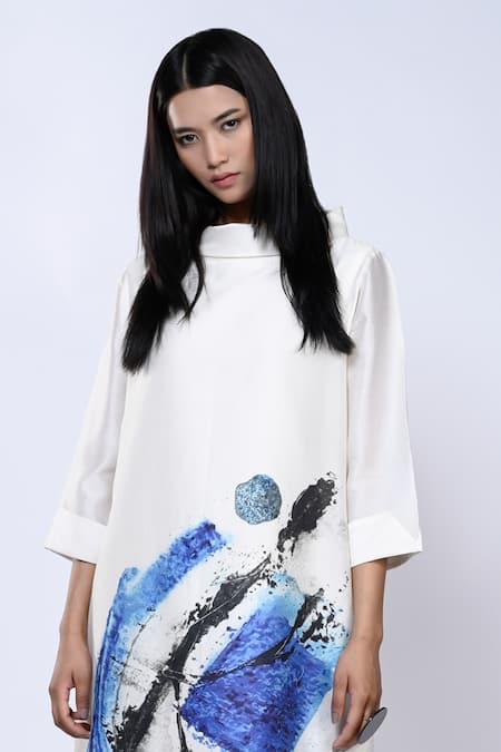 Buy_Taika By Poonam Bhagat_Ivory Chanderi Splatter Band Collar Pattern Tunic _Online_at_Aza_Fashions