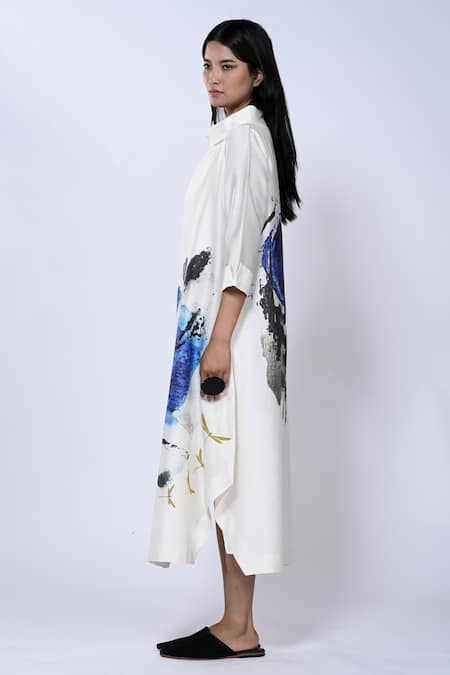 Shop_Taika By Poonam Bhagat_Ivory Chanderi Splatter Band Collar Pattern Tunic _Online_at_Aza_Fashions