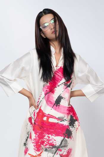 Buy_Taika By Poonam Bhagat_Ivory Chanderi Mandarin Collar Brushstroke Pattern Tunic With Pant _Online_at_Aza_Fashions