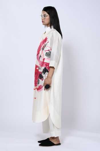 Taika By Poonam Bhagat_Ivory Chanderi Mandarin Collar Brushstroke Pattern Tunic With Pant _at_Aza_Fashions