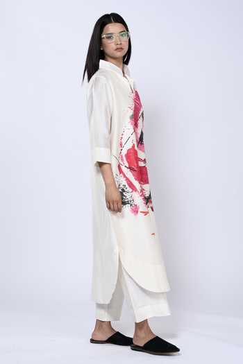 Buy_Taika By Poonam Bhagat_Ivory Chanderi Mandarin Collar Brushstroke Pattern Tunic With Pant 