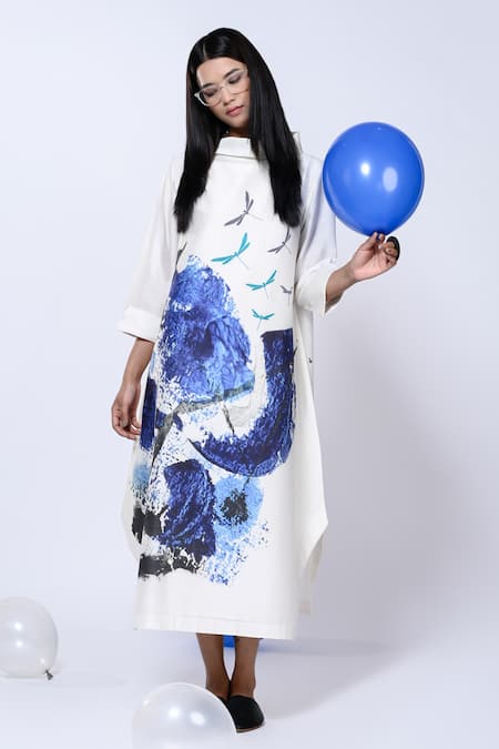 Taika By Poonam Bhagat_Ivory Chanderi Splatter Band Collar Paintbrush Pattern Tunic _Online_at_Aza_Fashions