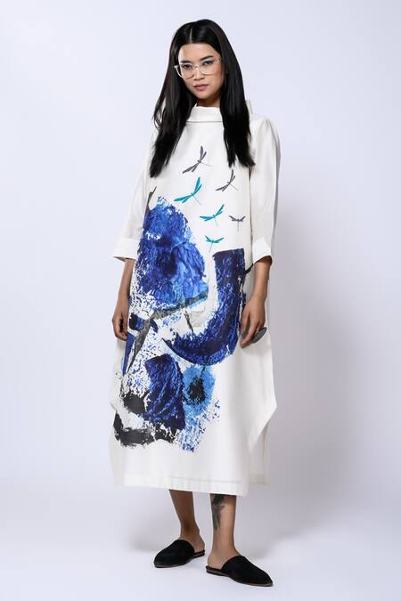 Buy_Taika By Poonam Bhagat_Ivory Chanderi Splatter Band Collar Paintbrush Pattern Tunic _Online_at_Aza_Fashions