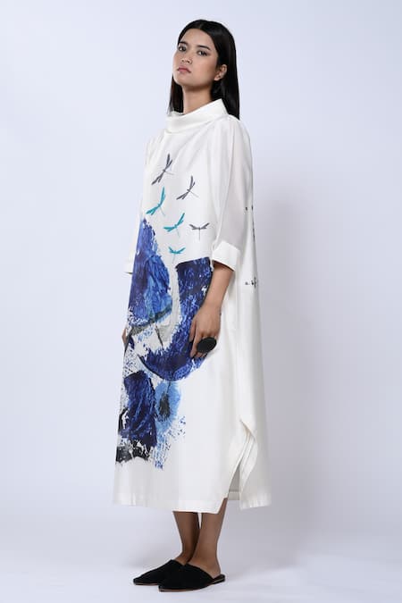 Buy_Taika By Poonam Bhagat_Ivory Chanderi Splatter Band Collar Paintbrush Pattern Tunic 