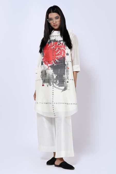 Taika by Poonam Bhagat Ivory Chanderi Abstract Band Collar Numeric Pattern Short Tunic With Pant 