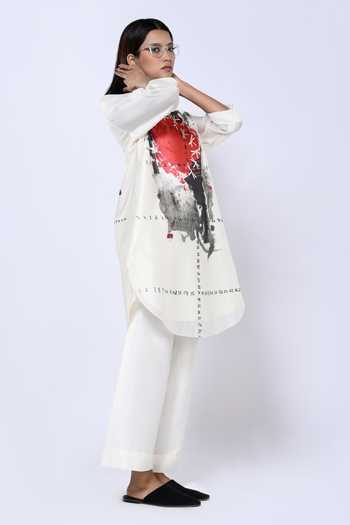 Taika By Poonam Bhagat_Ivory Chanderi Mandarin Collar Numeric Pattern Short Tunic With Pant _Online_at_Aza_Fashions