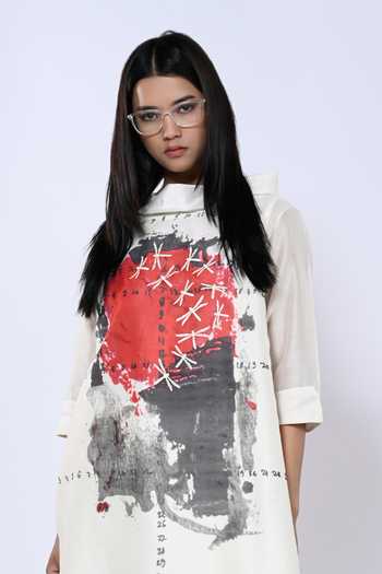 Shop_Taika By Poonam Bhagat_Ivory Chanderi Mandarin Collar Numeric Pattern Short Tunic With Pant _Online_at_Aza_Fashions