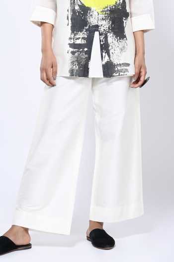 Taika By Poonam Bhagat_Ivory Chanderi Collared Abstract Pattern Short Tunic With Pant _Online_at_Aza_Fashions
