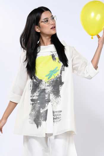 Taika By Poonam Bhagat_Ivory Chanderi Collared Abstract Pattern Short Tunic With Pant _Online_at_Aza_Fashions