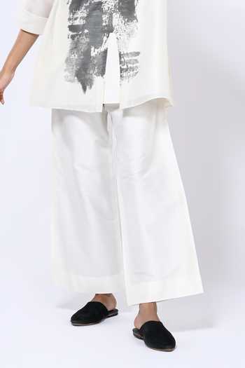 Buy_Taika By Poonam Bhagat_Ivory Chanderi Collared Abstract Pattern Short Tunic With Pant _Online_at_Aza_Fashions