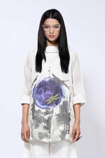 Shop_Taika By Poonam Bhagat_Ivory Chanderi Collared Abstract Dragonfly Pattern Short Tunic With Pant _Online_at_Aza_Fashions