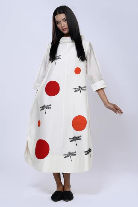 Taika by Poonam Bhagat Ivory Chanderi Dot Band Collar Dragonfly Pattern Tunic 