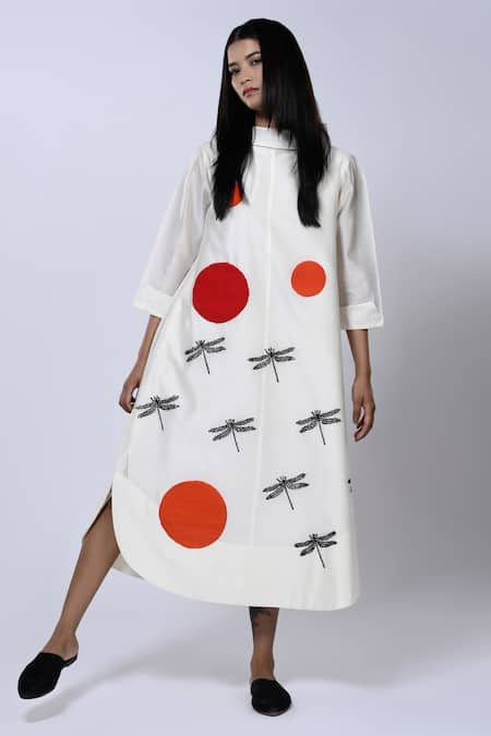 Taika by Poonam Bhagat Ivory Chanderi Dot Band Collar Dragonfly Pattern Tunic 