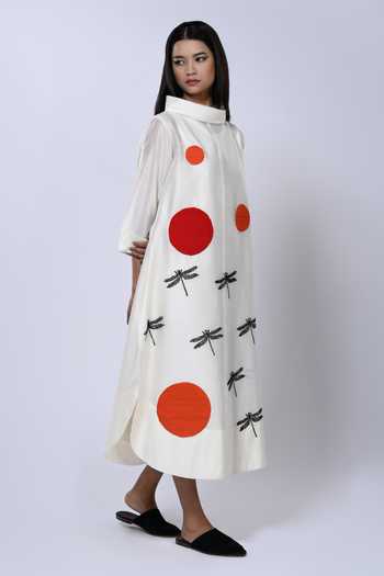 Shop_Taika By Poonam Bhagat_Ivory Chanderi Embroidery Bandeau Neck Dragonfly Dot Pattern Tunic _Online_at_Aza_Fashions
