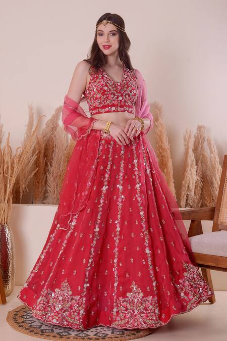 Shop_Surabhi Arya_Pink Crepe, Organza Beads, Cut Work, Zari V-neck Zardozi Embroidered Lehenga Set _at_Aza_Fashions