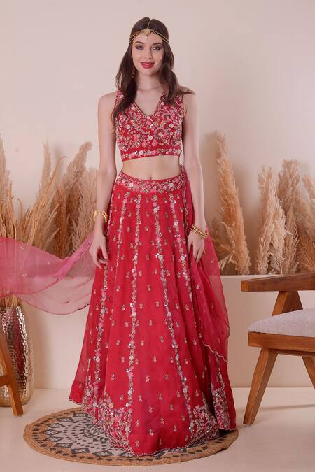Buy_Surabhi Arya_Pink Crepe, Organza Beads, Cut Work, Zari V-neck Zardozi Embroidered Lehenga Set _Online_at_Aza_Fashions