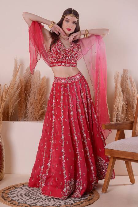 Shop_Surabhi Arya_Pink Crepe, Organza Beads, Cut Work, Zari V-neck Zardozi Embroidered Lehenga Set _Online_at_Aza_Fashions