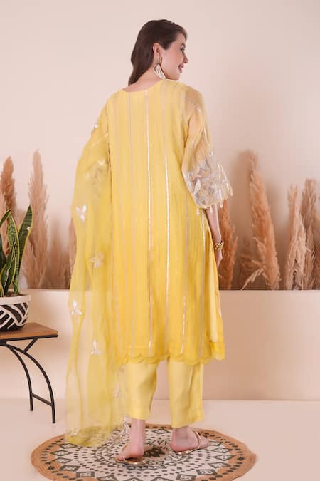 Shop_Surabhi Arya_Yellow Chanderi, Organza Gota Patti, Sequins, Embroidery Split Stripe Kurta Set _at_Aza_Fashions