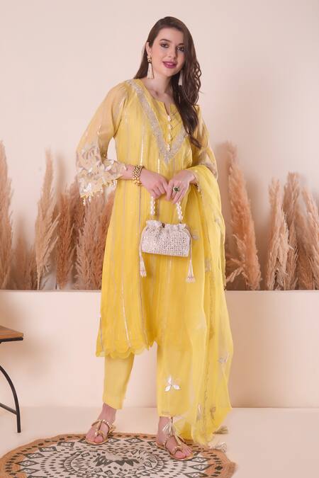 Shop_Surabhi Arya_Yellow Chanderi, Organza Gota Patti, Sequins, Embroidery Split Stripe Kurta Set _Online_at_Aza_Fashions