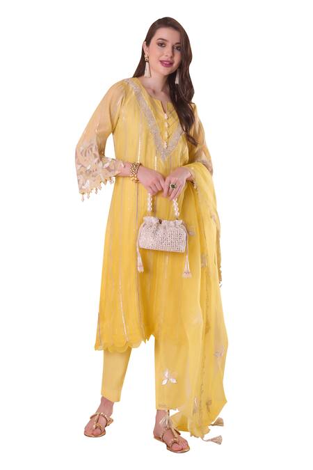Surabhi Arya_Yellow Chanderi, Organza Gota Patti, Sequins, Embroidery Split Stripe Kurta Set _at_Aza_Fashions