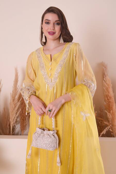 Buy_Surabhi Arya_Yellow Chanderi, Organza Gota Patti, Sequins, Embroidery Split Stripe Kurta Set 