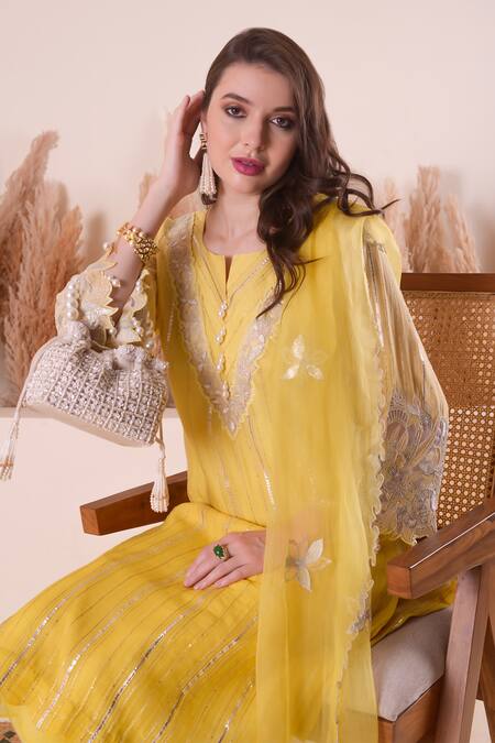 Shop_Surabhi Arya_Yellow Chanderi, Organza Gota Patti, Sequins, Embroidery Split Stripe Kurta Set 
