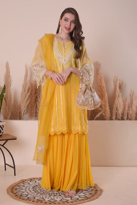 Surabhi Arya Yellow Kurta Mul Chanderi Embroidery Zari Notched Yoke Sharara Set 